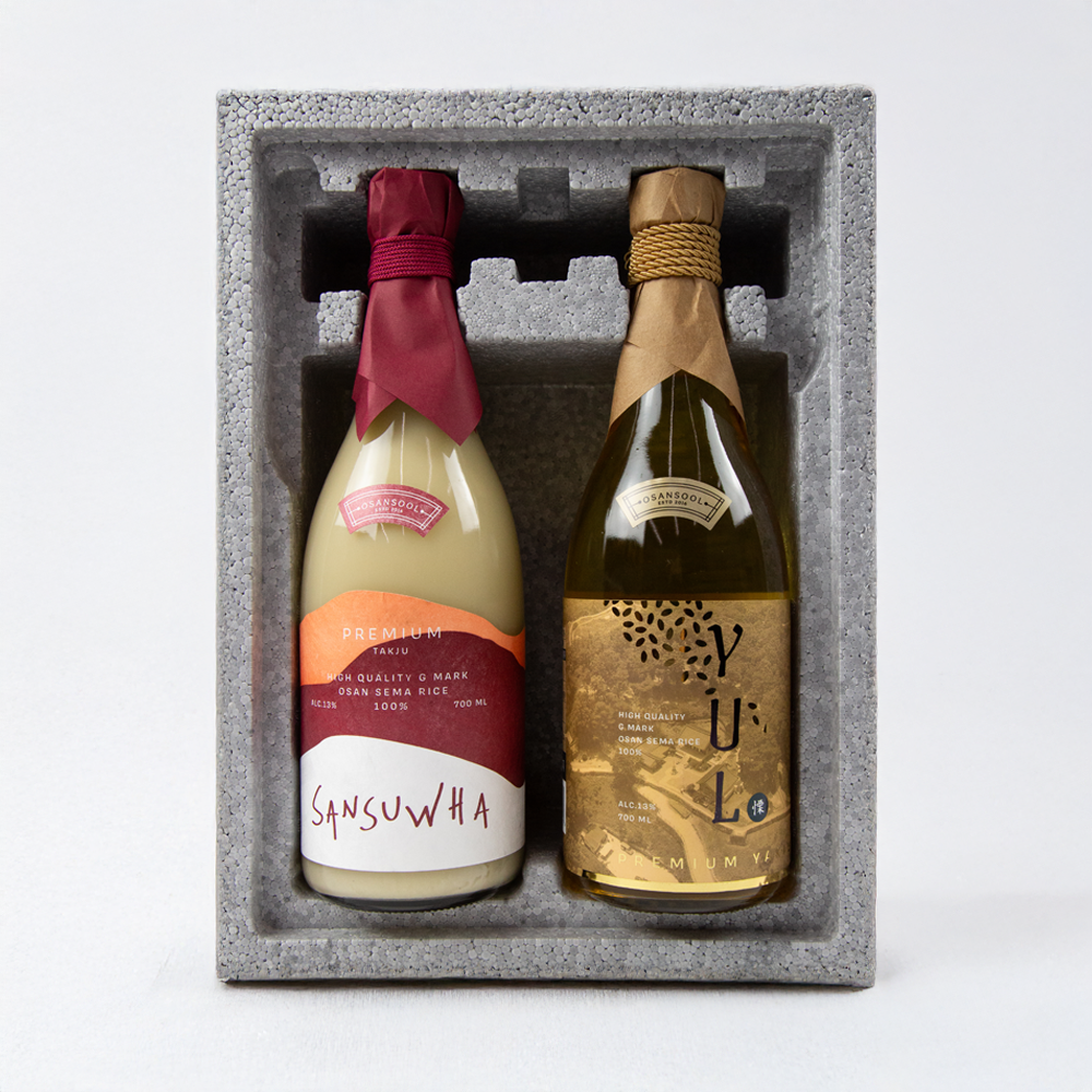 [오산양조 선물세트]프리미엄 약주 율 700ml, 13% + 프리미엄 생탁주 산수화 700ml, 13%